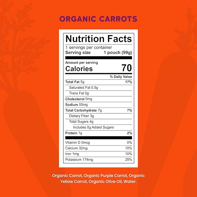 Serenity Kids 6+ Organic Carrot Veggie Puree Baby Food Pouches - No Added Sugar & Allergen-Free Baby Snacks - BPA-Free Veggie Pouches - On-The-Go Snack Pack - 3.5 Oz Pack of 12