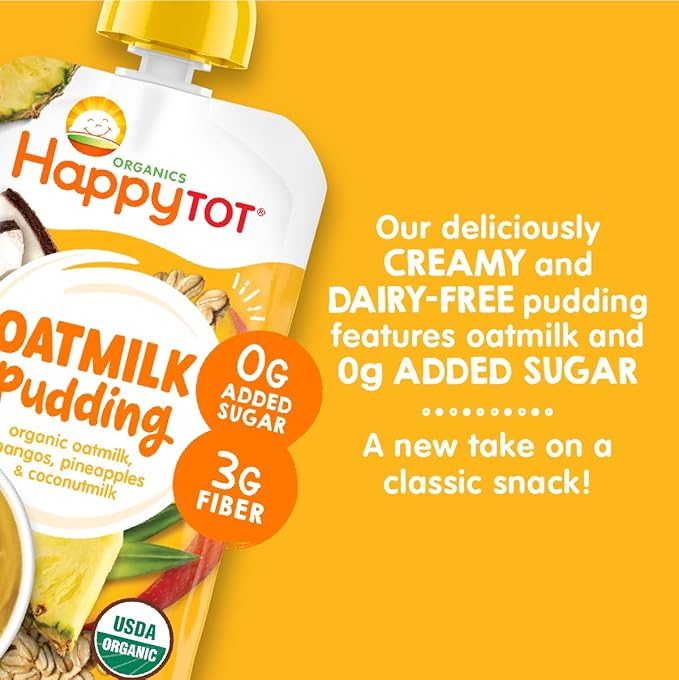 HAPPYTOT Organics Oatmilk Pudding, Dairy-Free, Stage 4 Toddler Snack, Oatmilk, Mangos, Pineapples & Coconutmilk, 4 Ounce Pouch, Pack of 16