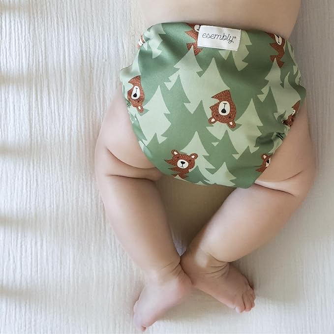 Esembly Cloth Diaper Cover - Reusable Swim Diaper, Waterproof, Breathable - Adjustable Outer Layer Over Absorbent Inner for Blowout Protection - Peek-a-Bear, Size 1 (7-17lbs)