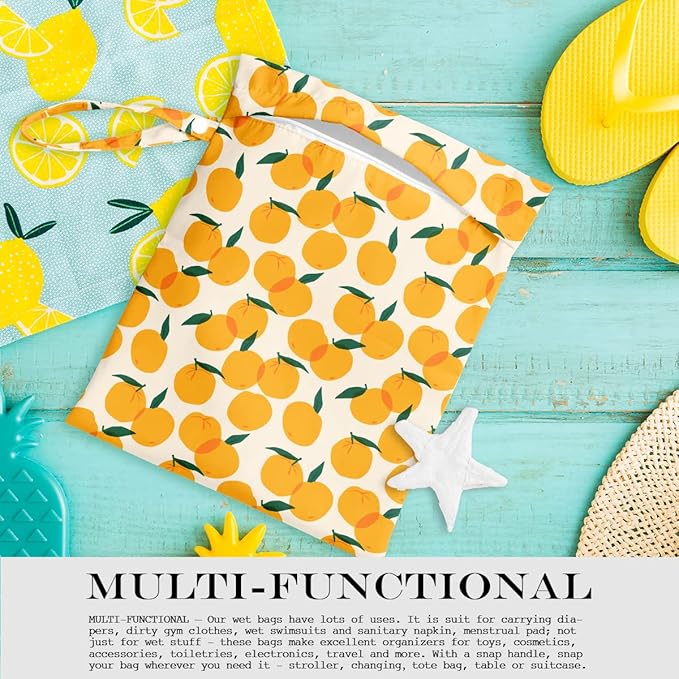 Wet Bag, Wet Dry Bag, Wet Bag for Swimsuit, Travel, Beach, Pool, Diapers, Dirty Yoga Gym Clothes, Makeup Bag, Waterproof Reusable Fruit Decor Orange Strawberry