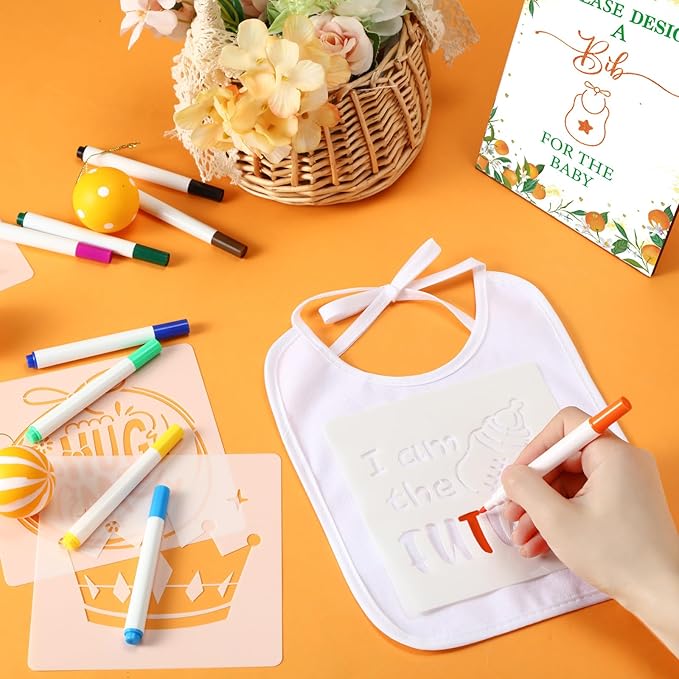 Panitay 100 Pcs DIY Baby Bibs Decorating Kit 50 White Bibs 25 Stencils 24 Markers 1 Baby Shower Game Sign