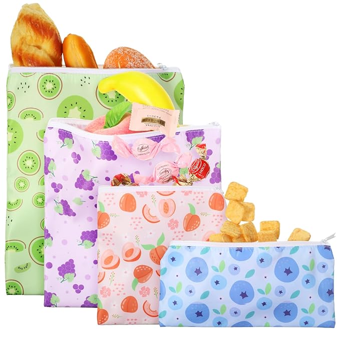 Paterr 4 Pcs Sandwich Bag Reusable Zipper Snack Bags Washable Food Safe Lunch Bags for Kids Students Adults Food (Fruit)