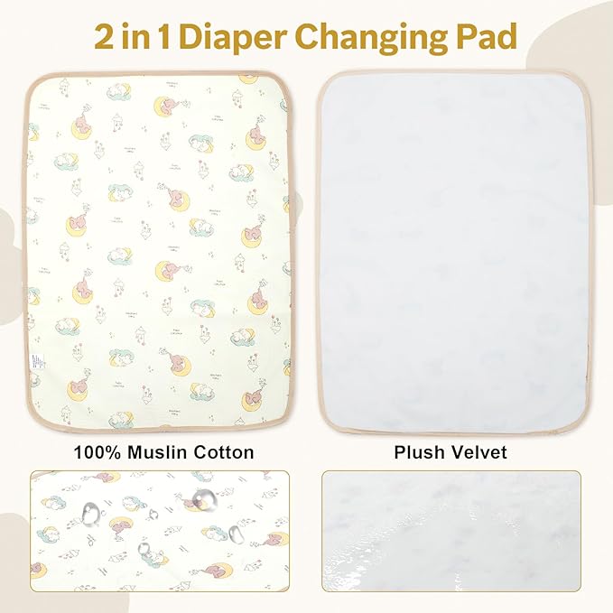 Muslin Diaper Changing Mat, Waterproof Changing Pad for Baby, Leakproof Quick Drying Pads, Portable Diaper Change Liners for Travel, Reusable Incontinence Underpads Protector
