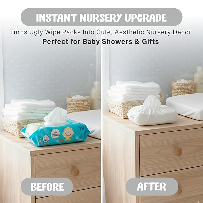 Baby Wipes Cover – Universal Size, One Size Fits All Wipes Packages | Muslin Cotton Tissue Cover for Nursery, Diaper Bag & Changing Table, Station | Gingham & Neutral Patterns (Cream)