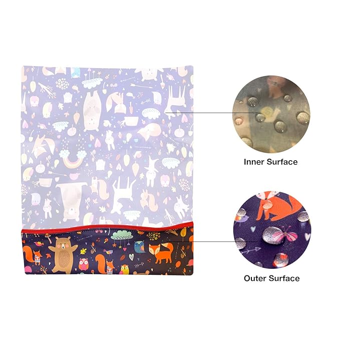 FLOCK THREE Washable and Reusable Wet Bag Diaper Bag Water Resistant Swimming Bag Travel Toiletries Pouch Cute Animals Zippered 12.6'' x 16.5''