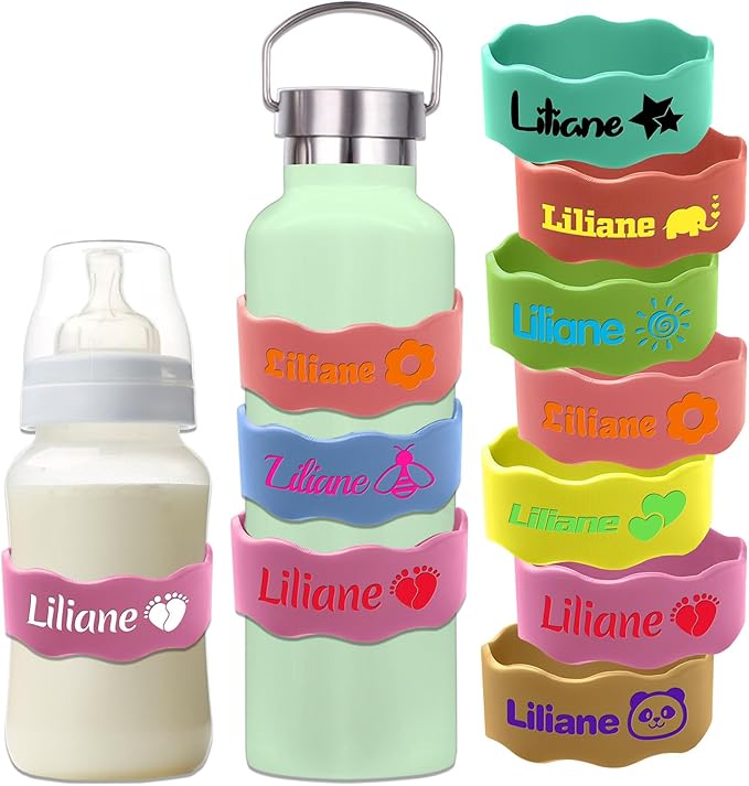 Custom Baby Bottle Labels for Daycare Silicone Water Bottle Name Bands Personalized Reusable Baby Bottle Straps for Kids Cups School(Pink)