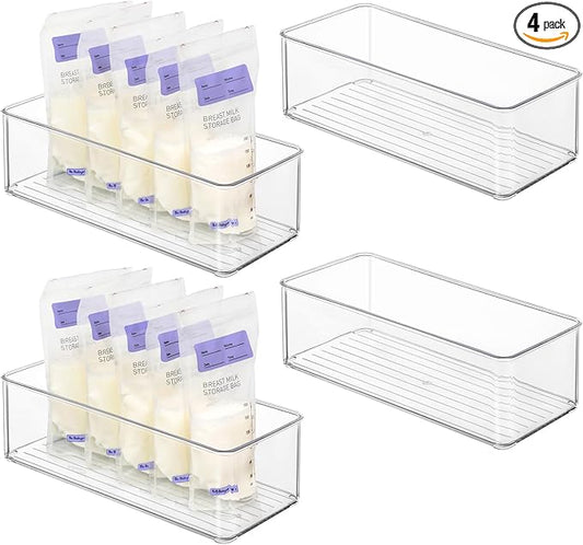 Hudgan 4 Pcs Storage Container Breastmilk for Fridge, Clear Organizer Bins for Milk Bags, Plastic Storage Bins for Freezer, Pantry, Bottles Bathroom, Vanity, Drawer and Yogurts