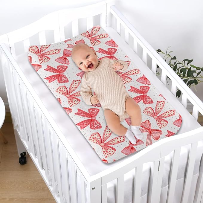 Red Valentine Bows Baby Changing Pad Covers for Girl 32''x16'' Girly Red Hair Bows Fitted Diaper Changing Table Sheets Valentine Hearts Love Soft Breathable Nursery Baby Changing Table Mats Red