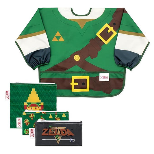 Bumkins Nintendo The Legend of Zelda Sleeved Bib and Snack Bag Set – Waterproof Feeding Bib for Ages 6–24 Months and Reusable Sandwich and Snack Bags for Kids 3+