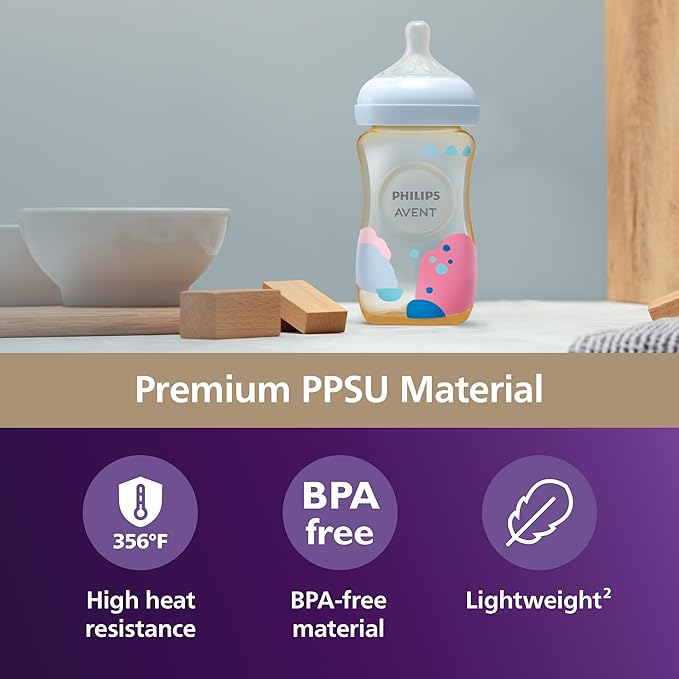 Philips Avent PPSU Natural Baby Bottles with Medium Flow Nipples (Flow 3), 9oz, with Decoration, SCY943/02, (Pack of 12)