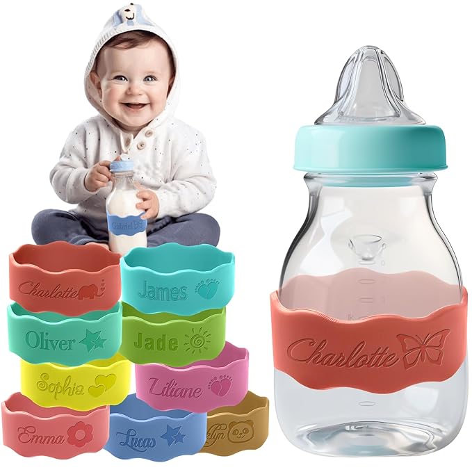Personalized Water Bottle Name Bands Custom Engraved Silicone Labels Customized Silicone Baby Bottle Labels for Daycare Reusable Baby Bottle Straps for Kids Cups School Waterproof-Orange