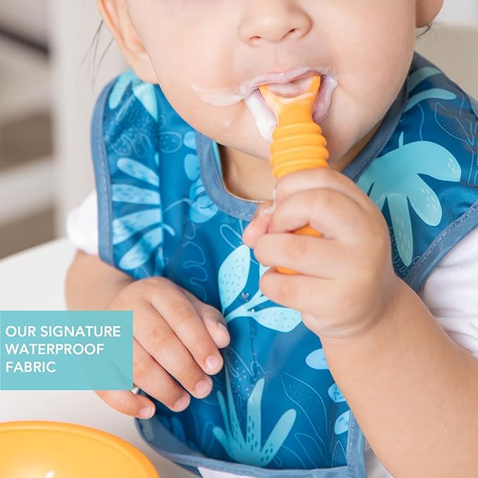 Bumkins Bibs, for Baby Girl or Boy, Infant 3-9 Months,Essential Must Have for Eating, Feeding, Baby Led Weaning, Mess Saving Waterproof Soft Fabric, Starter Bib 2-pk Blue Tropic and Dinosaurs