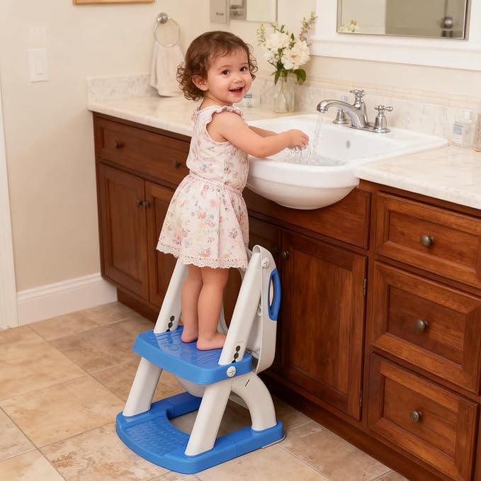 Potty Training Seat with Step Stool Ladder, Toddler Toilet Seat for Boys Girls, Adjustable 6 Heights Fits Round & Elongated Toilets, Anti-Slip Pads & Leak-Proof Guard