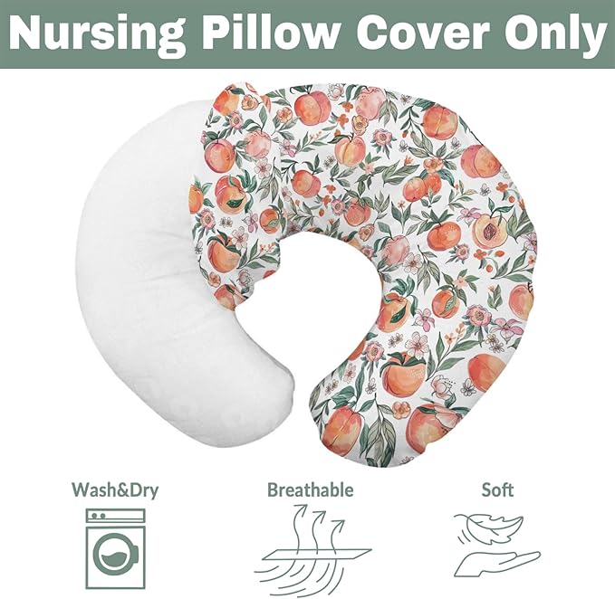 Vintage Peaches Baby Nursing Pillow Covers for Boy Girl Retro Peach Flowers Leaves Nursery Slipcovers for Breastfeeding Pillows Sweet Spring Summer Fruit Soft Stretchy Covers for Newborn Infant