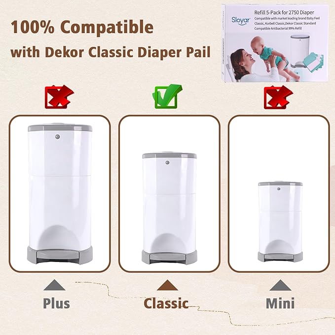 Sloyar Refills Compatible with DEKOR CLASSIC Diaper Pails/5 Pack/Versatile and Functional/Suitable for Seniors and Infants/Baby Powder Fragrance/Holds up to 2750 Diapers