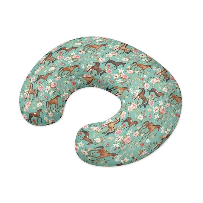 Flower Horse Nursing Pillow Cover for Girl Boy Breastfeeding Pillow Slipcovers Stretchable Newborn U-Shaped Breastfeeding Pillowcase Cushion Covers Vintage Green