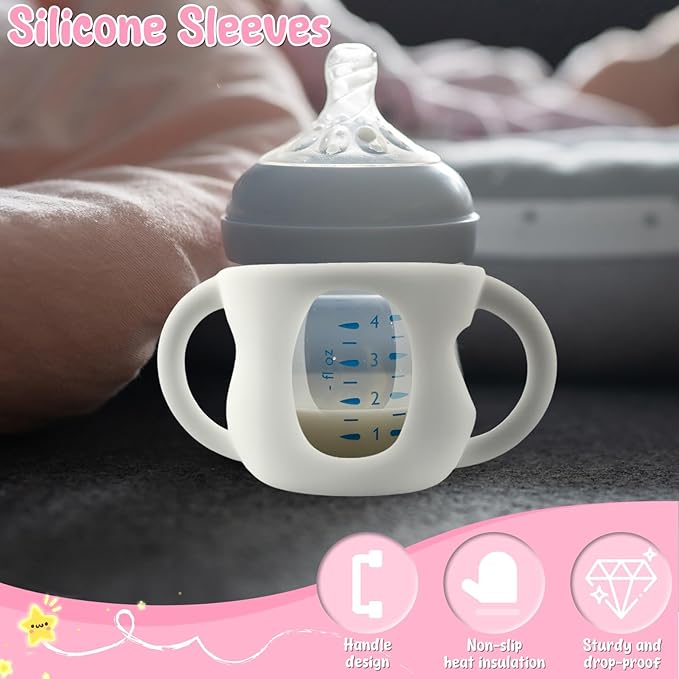 6Pcs Baby Bottle Handles, Drop Resistant Glass Baby Bottle Sleeves, Anti Slip and Heat Resistant Baby Bottles Silicone Sleeves for Avent 120ml