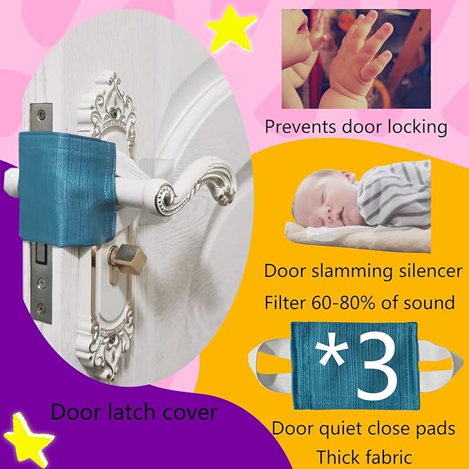 Baby Proof Door Silencer & Cloth Latch Cover, Quiet Close Anti-Slam Pads to Prevent Slamming and Accidental Locking, for Nursery and Toddler Safety (3, Peacock Blue, 4.1 * 3.1 inches)