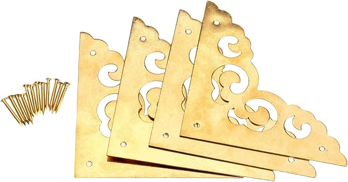 dophee 4Pcs 2.5" Brass Flat Corners Bracket, Retro Table Corner Cover Protectors for Box Cabinet Desk Book Frame Scrapbook Album Bookshelf Decoration Furniture Hardware with Mounting Nails, Brass
