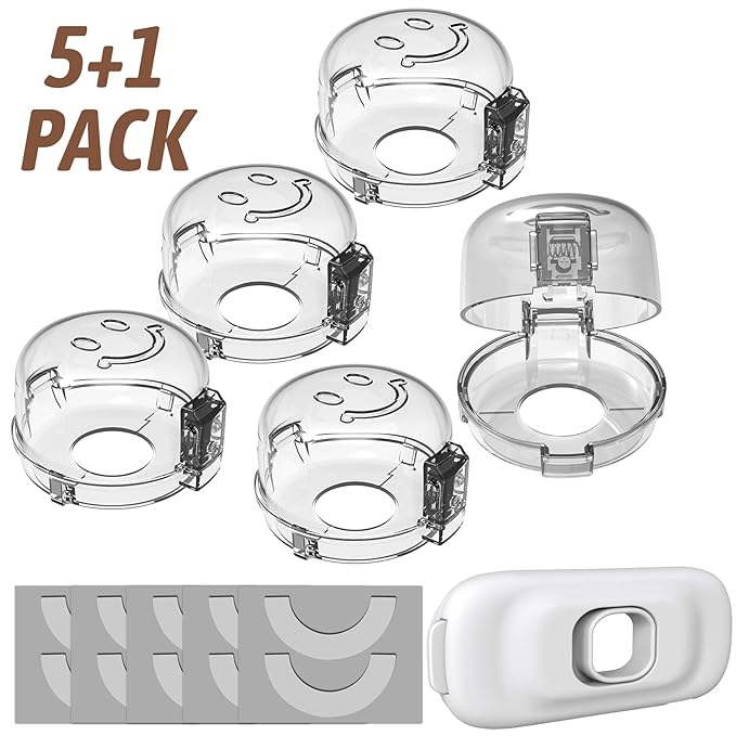 Stove Knob Safety Covers, (5+1Pack) Dual-Lucks Oven Knob Covers for Child Safety, Clear Vies, Universal Size (White)