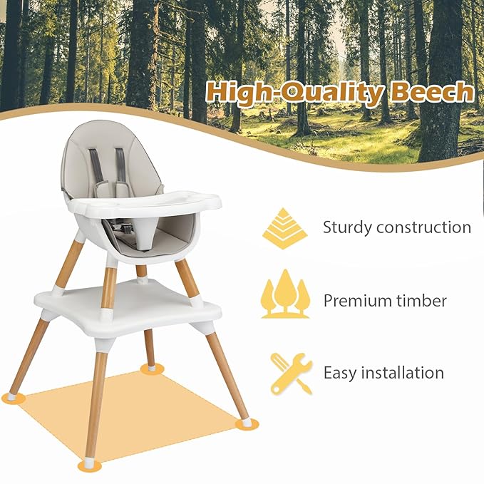 S AFSTAR 5 in 1 Baby High Chair, Convertible High Chairs for Babies and Toddlers, Toddler Chair and Table Set w/ 5-Point Safety Belt, Double Food Trays, PU Cushion, Gray