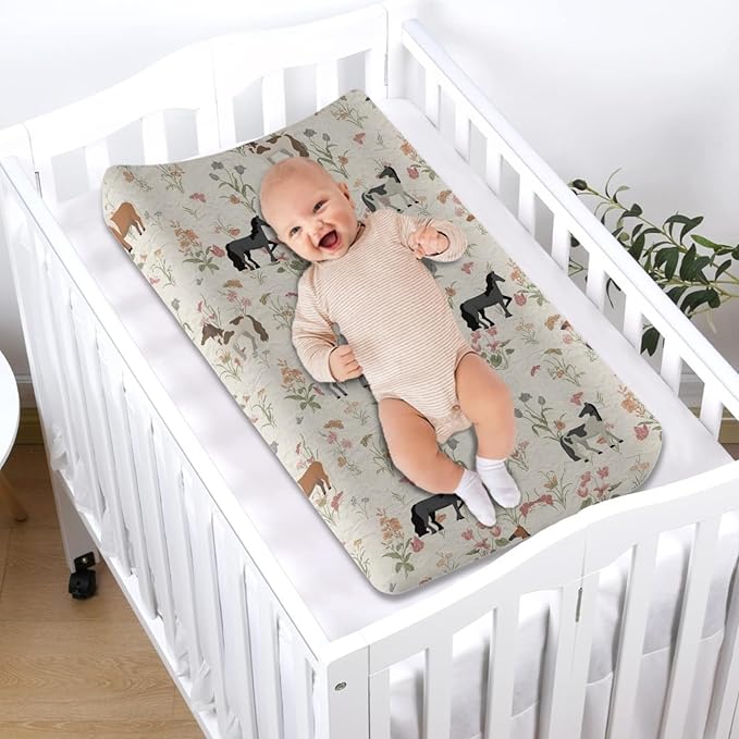 GOSTONG Horse Flower Changing Pad Cover for Toddler Baby Girls Boys Diaper Change Table Sheet Cover Replacement Stretchy Changing Table Covers Soft Breathable