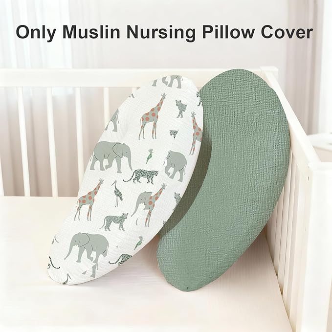 Little Grape Land Muslin Nursing Pillow Covers 2 Pack, 100% Cotton Removable Breastfeeding Pillow Covers, Feeding Pillow Slipcovers for Baby Boys & Girls, (Safari & Green)