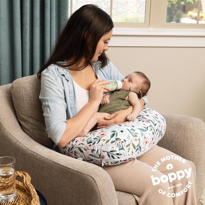 Boppy Nursing Pillow - Firm, Ergonomic U-Shaped Bottle and Breastfeeding Pillow with High Lift for Comfort and Support, Spacious Surface - Pink Garden Flowers