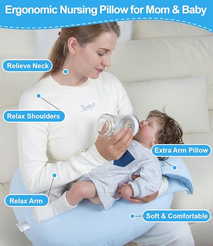 Nursing Pillow for Breastfeeding Bottle Feeding, Ergonomic Baby Feeding Support Pillow, Tummy Time Sitting Support, Washable Cover, 16 CFR 1242 Compliant