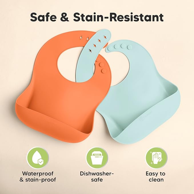 KeaBabies 2-Pack Silicone Bibs for Babies, Toddlers Girl, Boy – Sturdy Food-Grade Baby Bibs for Eating, Large Food Catcher, Clean & Put On Easily, Waterproof Toddler Feeding Essentials (Amaze)
