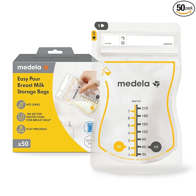Medela Easy Pour Breastmilk Storage Bags | 50 Count 210ml | Disposable Leakproof Breast Milk Bags with Milk Protection | Recyclable & BPA Free