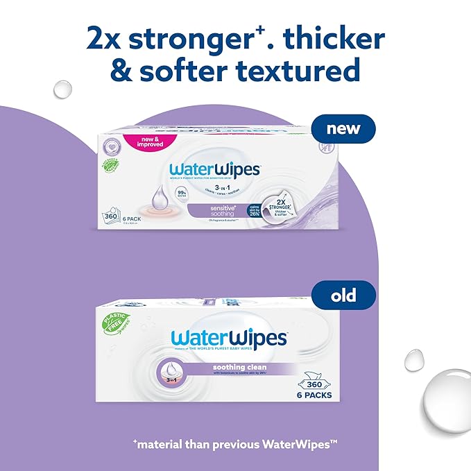 WaterWipes Sensitive+ Soothing Wipes, 3-In-1 Cleans, Cares, Soothes, 99% Water with Botanical Extract, Unscented & Hypoallergenic Baby Wipes, 360 Count (6 Packs)