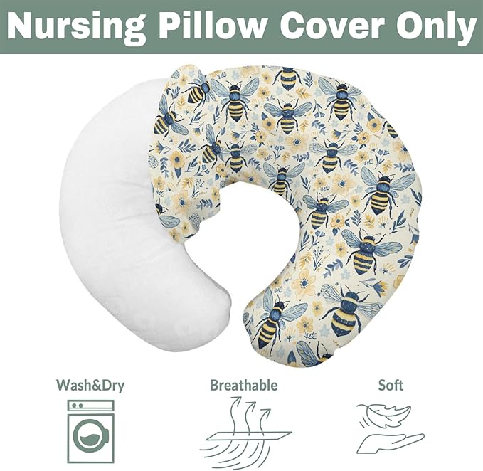 Bees Flowers Nursing Pillow Covers for Boy Girl Vintage Bees Boho Wildflowers Nursery Slipcover for Breastfeeding Pillows Bee Floral Spring Summer Soft Stretchy Removable Covers for Newborn Infant