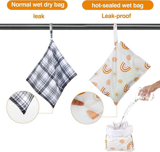 Waterproof Wet bags for Baby,Travel,Swim Suit,Cloth Diapers,Pump Parts,Pool,Beach,Gym Clothes,Toiletry,Hook to Stroller,Daycare,Zipper Reusable Wetdry Packing Pouch-Sun,Rainbow