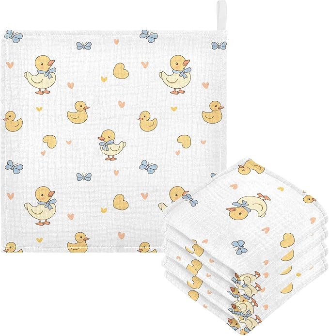 vvfelixl Baby Muslin Washcloths Duck with Ribbon Baby Burp Cloths Cotton Babys Face Towel for Newborn Infants Boys Girls Soft and Absorbent 11.8 X 11.8 in, 3 Pack