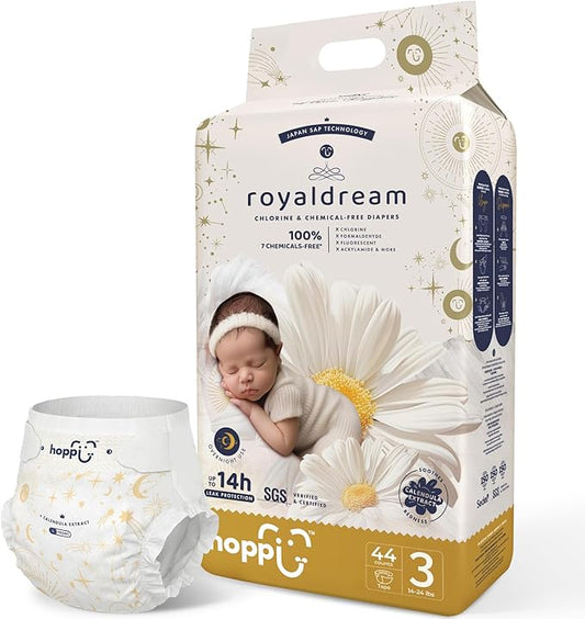 Hoppi Baby Diapers Size 3 (14-24 Lbs), Tape Style Disposable | Ultra Absorbent Overnight Leak Protection for Heavy Wetters | Hypoallergenic, Unscented, Chlorine-Free, Soft Fit, 44 Count