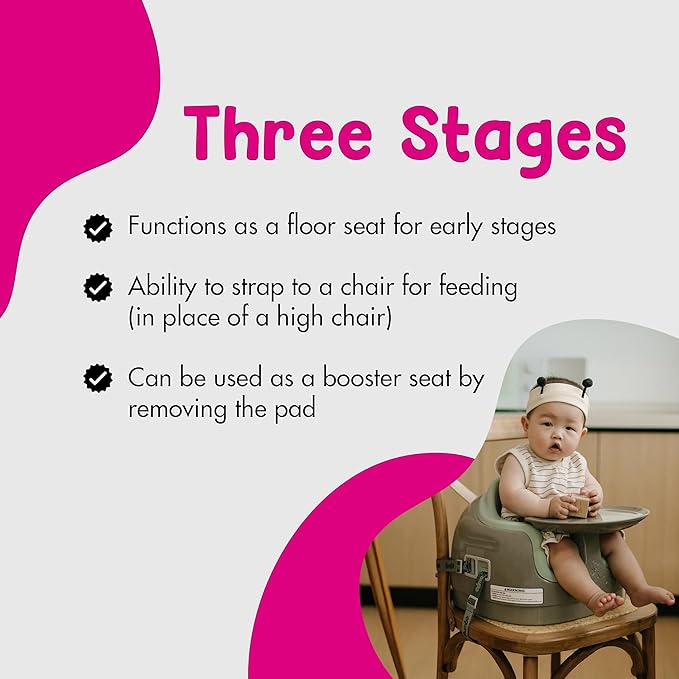 Bumbo 3-in-1 Baby and Toddler Multi Seat for Babies 6 to 36 Months, Breige/Agave - Floor Seating, High Chair, or Booster with Adjustable Height and Removable Tray