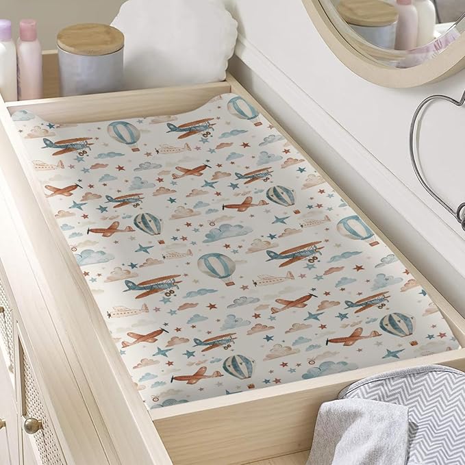 Watercolor Planes Stars Cloud Hot Air Balloon Pattern Baby Changing Pad Cover, Unisex Plane Nursery Diaper Changing Table Pad Mat Sheet for Boys Girls-16x32