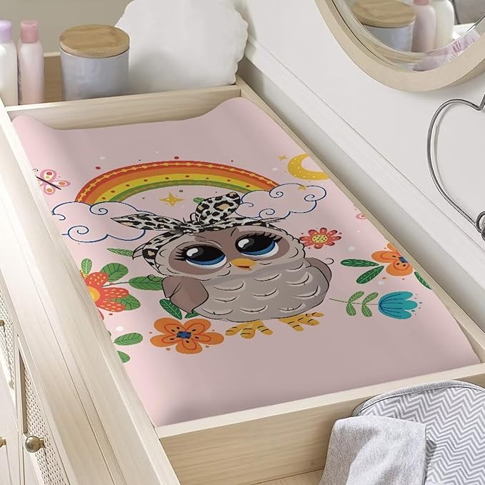 Owl Rainbow Baby Changing Pad Cover Lightweight Soft Diaper Changing Cover Stretchy Breathable Waterproof Nursery Pad Change Cover