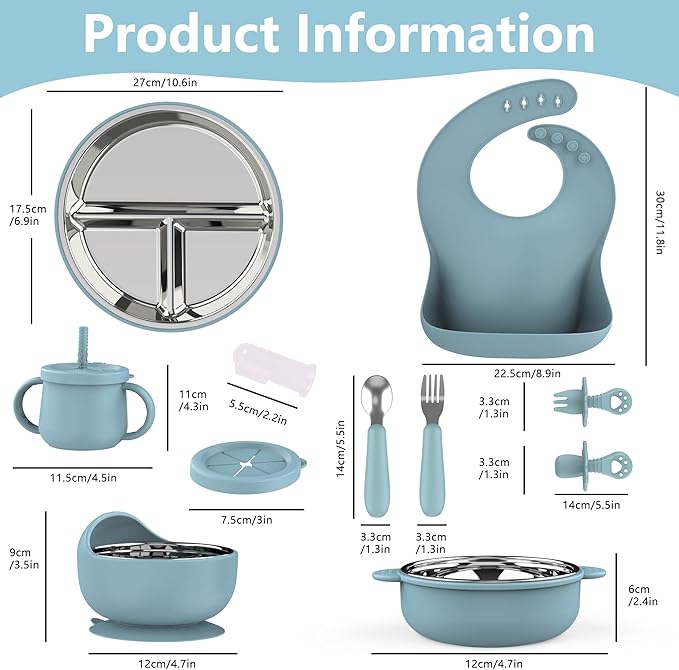 13 Pack Silicone Baby Feeding Set, BPA-Free Stainless Steel Toddler Feeding Supplies, Include Suction Plates, Baby Bowls, Silicone Fork & Spoon, and More, First Stage Baby Dish Set - 6+ Months