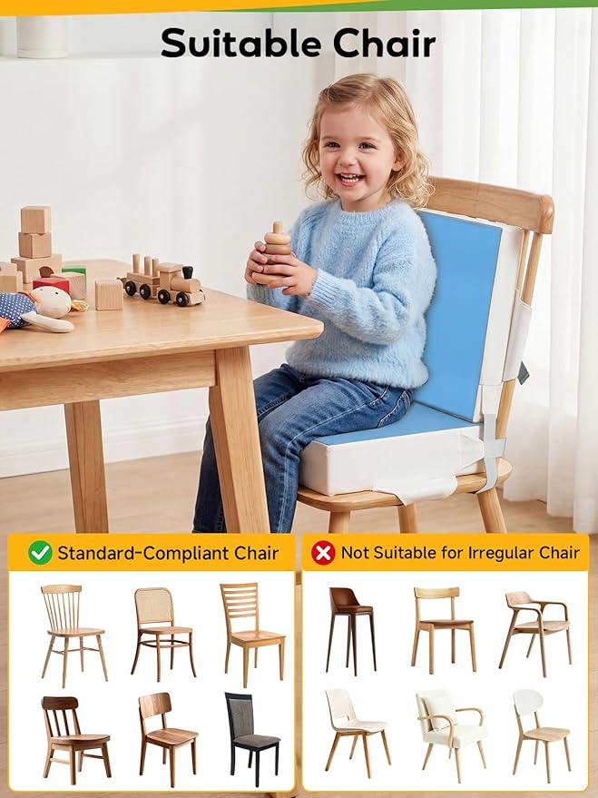 Toddler Booster Seat for Dining Table, Slip Bottom Double Safety Straps, Stronger Support Booster Seat Dining Toddler, Breathable Fabric Booster Seat for Table (Blue)