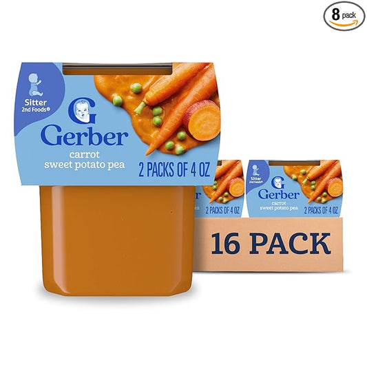 Gerber Stage 2 Baby Food, Carrot Sweet Potato Pea Puree Tubs, No Added Salt, No Artificial Colors or Flavors, Baby Puree, 16-Pack