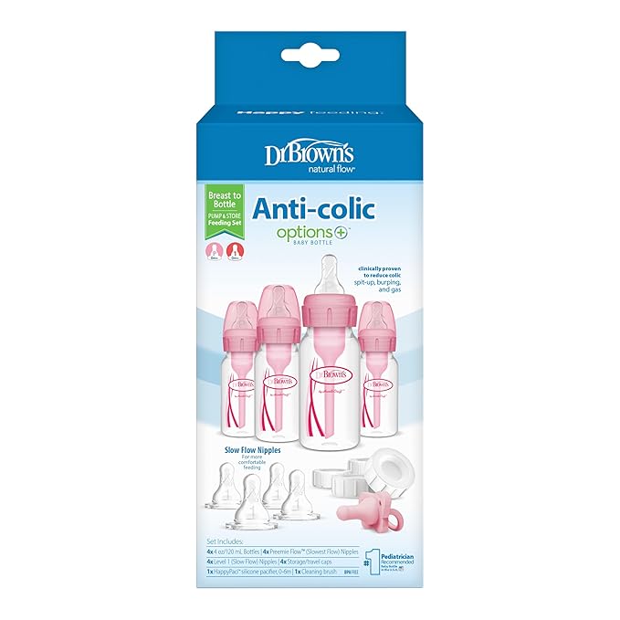 Dr. Brown's Anti-Colic 4 Piece Pink Feeding Set with Slow Flow Nipples & Dr. Brown's 4 Pack Anti-Colic 4 oz Narrow Baby Bottles