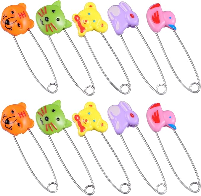 10pcs Animal Safety Pins Stainless Steel Diaper Pins with Plastic Head Newborn Locking Safety Pin with Lock Buckle for Shower Party Favor (Random Color)
