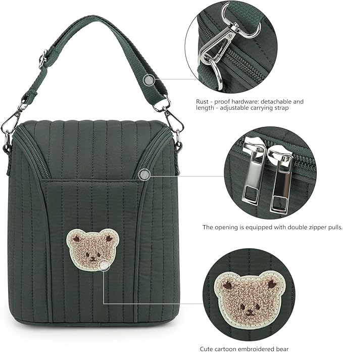 Lmbabter Embroidered Bear Stroller Organizer Tote Bag, Bottle Insulation Pouch, Portable Cooler Storage Essential for Milk/Breast Pump,Baby Travel Supplies (Green)