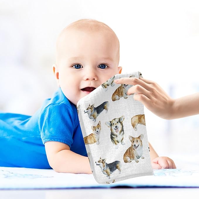 vvfelixl Baby Cotton Washcloths Realistic Corgi Infants Bath Towel for Unisex Face Towels for Newborn, Natural Baby Wipes Delicate Skin, 11.8 X 11.8 inch, one sizex5