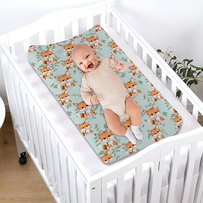 Cute Animals Changing Pad Covers Baby Fox Animal Retro Green Leaves Diaper Change Table Sheets for Girl Boy Soft Stretch Fitted Changing Table Pad Mat Cover 32''x16''