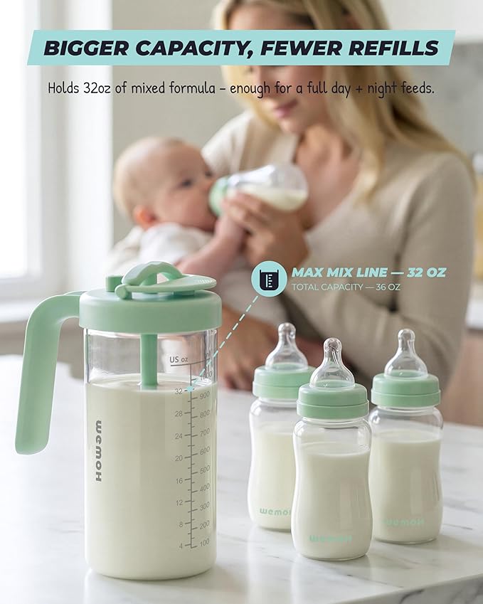 Borosilicate Glass Formula Mixing Pitcher – 32oz True Mixing Capacity, Time Dial for Freshness Tracking, Dishwasher-Safe, BPA-Free Lid, Perfect for Breastmilk Pitcher Method & Multi-Baby Feeding, Pink