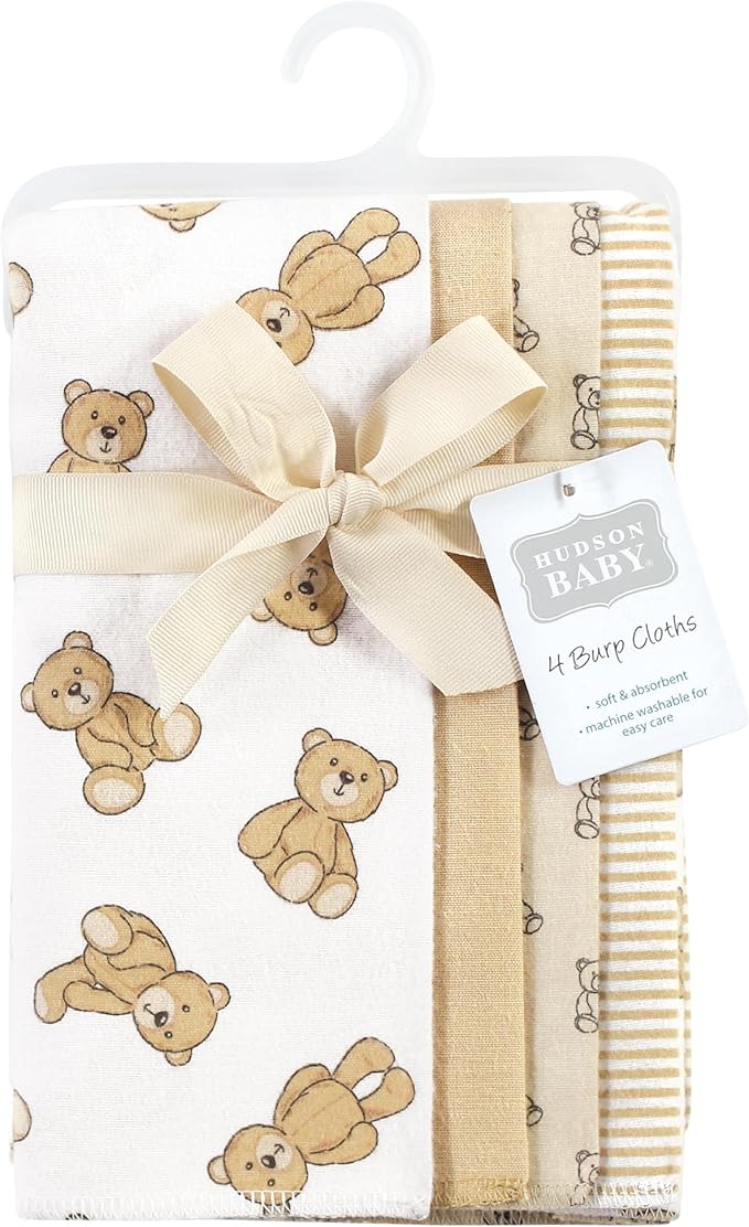 Hudson Baby Cotton Poly Flannel Burp Cloths Multipack, Teddy Bears 8-Pack, One Size