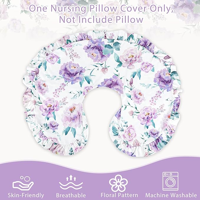 Ruffle Nursing Pillow Cover, Removable Stetchy Case for Breastfeeding Pillows, Ultra Soft and Breathable Feeding Pillow Slipcover with Modern Design Lace for Infant Girls Boys, Purple Floral